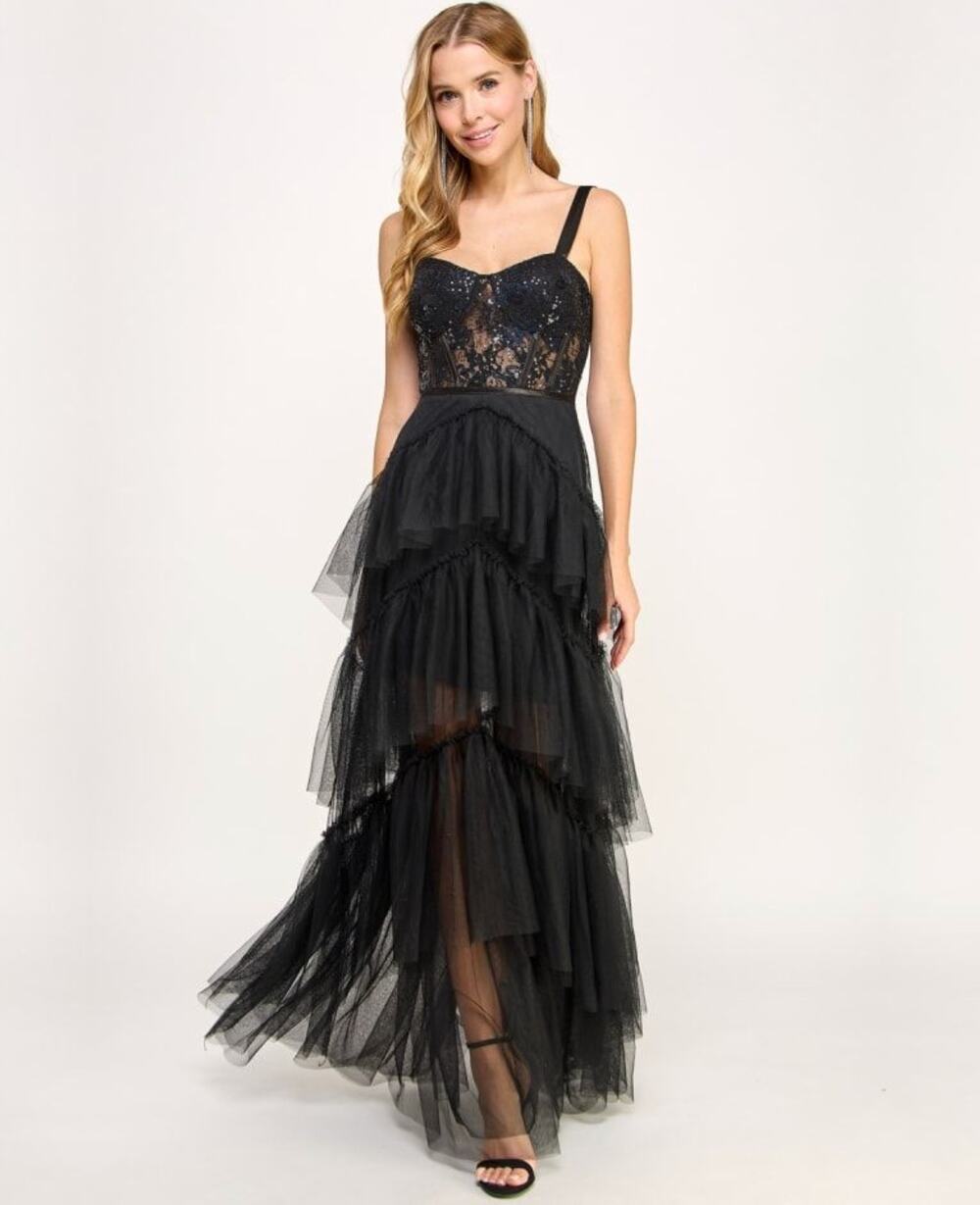 City Studios Tiered Lace Gown Juniors 11/12 Black Sequin Ruffle Tulle Prom Dress